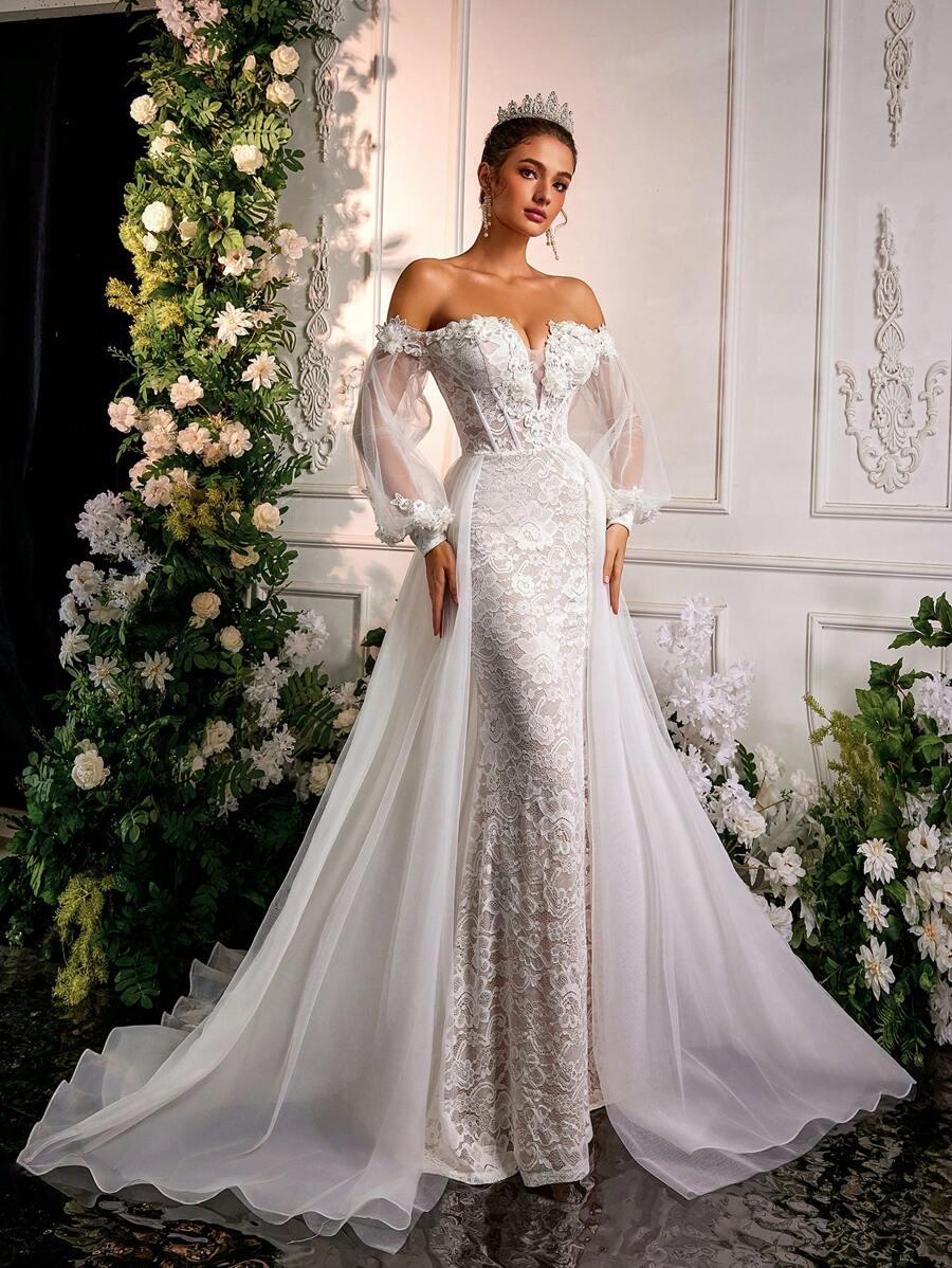 Glamrae 优雅奢华的3D刺绣蕾丝薄纱美人鱼裙摆礼服，拖尾长度，适合婚礼、派对、蜜月、新娘礼服、婚纱、情人节等场合。 - 米色 - 查看 1