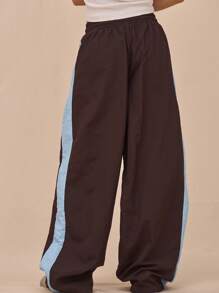 MUSERA Quần thể thao ống rộng bằng nylon, cạp chun, phối màu tương phản, chỉ bao gồm quần, thích hợp mặc ở sân bay hoặc cửa hàng sách, bộ sưu tập Xuân Hè. - màu nâu - Xem 4