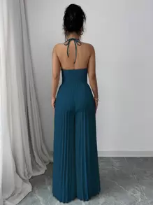 SHEIN Privé 优雅杏色挂脖系带前镂空金属水钻蝴蝶结褶皱阔腿女式连体裤 - 藍色 - 查看 2