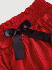 SHEIN MOD Falda plisada con dobladillo de volantes rojo, con decoración de lazo negro, estilo vintage romántico y elegante, adecuada para citas, fiestas, vacaciones, meriendas y atuendos de cumpleaños