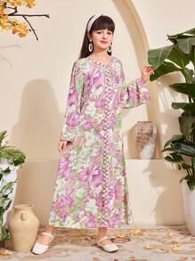 SHEIN Tween Girls' Vacation Casual Floral All Over Print Dress - Purple - View 5