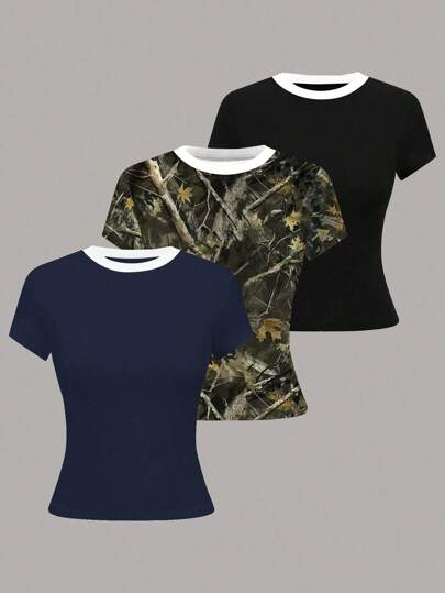 Chiquease 3pcs/Pack Women's Round Neck Short Sleeve T-Shirts, Black, Blue, Camouflage