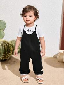 SHEIN Baby Girl Cute & Versatile Gray Knit Bib Jumpsuit, Suitable For Spring And Summer - Black - View 3
