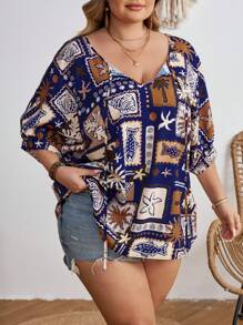 SHEIN CURVE+ Plus Size Women's Front Lace Up Spring/Summer Vacation Printed Shirt With Tie Boho Vacation