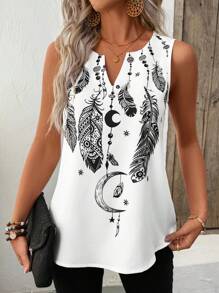 SHEIN LUNE Top sin mangas de verano para mujer, diseño de cuello hueco, estampado digital de plumas, tejido tejido, corte holgado casual, adecuado para el Ramadán y vacaciones