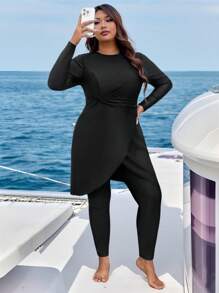 Swim Mulvari Plus Size Women 2 Pieces Set, Modest Solid Long Sleeve Top & Pants, Burkini Swimsuit, Summer Beach Vacation Clothing Burkinis - Black - View 6