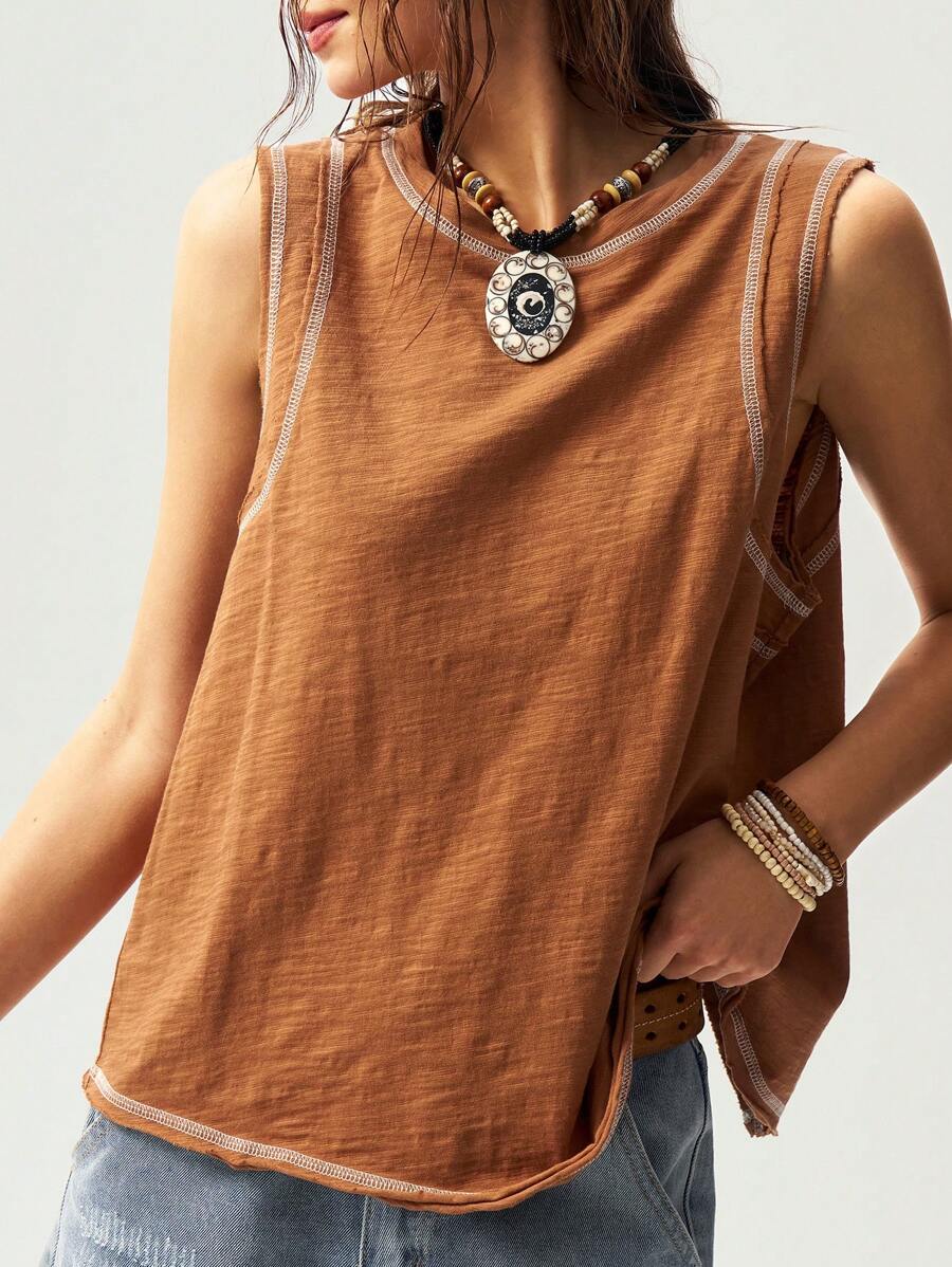 Bohemela Boho Plain Knit Loose Washing Women Tank Top
