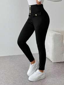 EMERY ROSE Women Casual Solid Color Slim Fit Pants, Autumn/Winter Fall Cloth For Women - Black - View 3