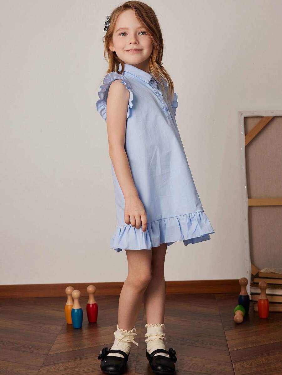 PrepCrw 年轻女孩学院风天蓝色编织荷叶边马球领 A 字裙，春夏 - 藍色 - 查看 1