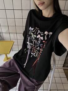 DAZY Camiseta casual de verano con cuello redondo, lazo y estampado, con cordón para mujeres y niñas, camiseta holgada y linda