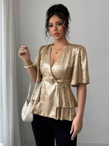 Elenzga Cămașă elegantă pentru femei cu mânecă scurtă, decolteu în V, plăcuță artificială, talie adunată, tiv cu două straturi, mâneci lanternă, țesătură acoperită cu metal, primăvară/vară - Aur - Vizualizare 4