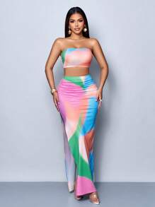 SOLERSUN Spring And Summer Women's Elegant Asymmetrical Colorblock Print Sleeveless Tube Top & Split Maxi Skirt Knit Two-Piece Set, Casual Party Wear