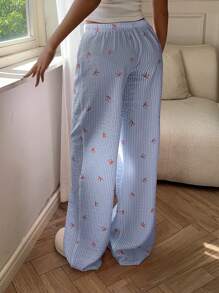 Aloruh 优雅低腰性感长裤，带蝴蝶结和条纹花卉印花，百搭