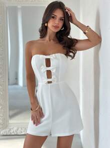 Firerie Combinaison blanche élégante, minimaliste, sexy, raffinée, romantique, douce pour usage quotidien, mariage, vacances, avec nœud papillon, taille ajourée, plissée, sans bretelles. Printemps/Été - Blanc - Voir 8
