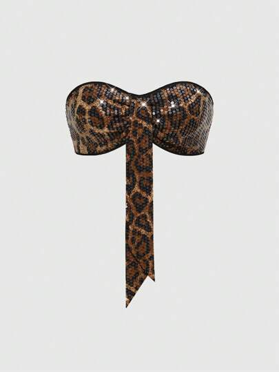 Grunge Punk Sexy Sequin Glitter Leopard Print Wrap Crop Top, Revealing Vintage Women Clubwear