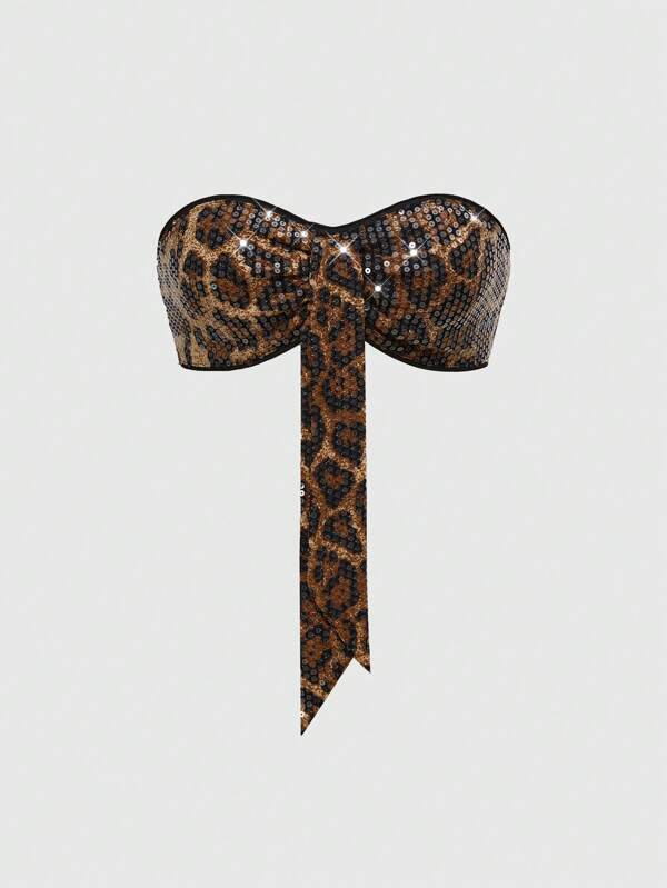 ROMWE Grunge Punk Top scurt sexy cu paiete și imprimeu leopard, dezvăluind ținute de club vintage pentru femei
