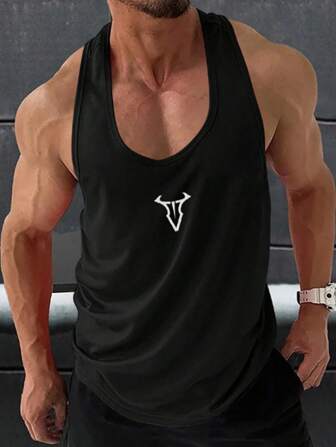 Manfinity Sport PWRUP Boyfriend Style Men's Round Neck Printed Racerback Fashionable And Simple Sports Outdoor Leisure Top