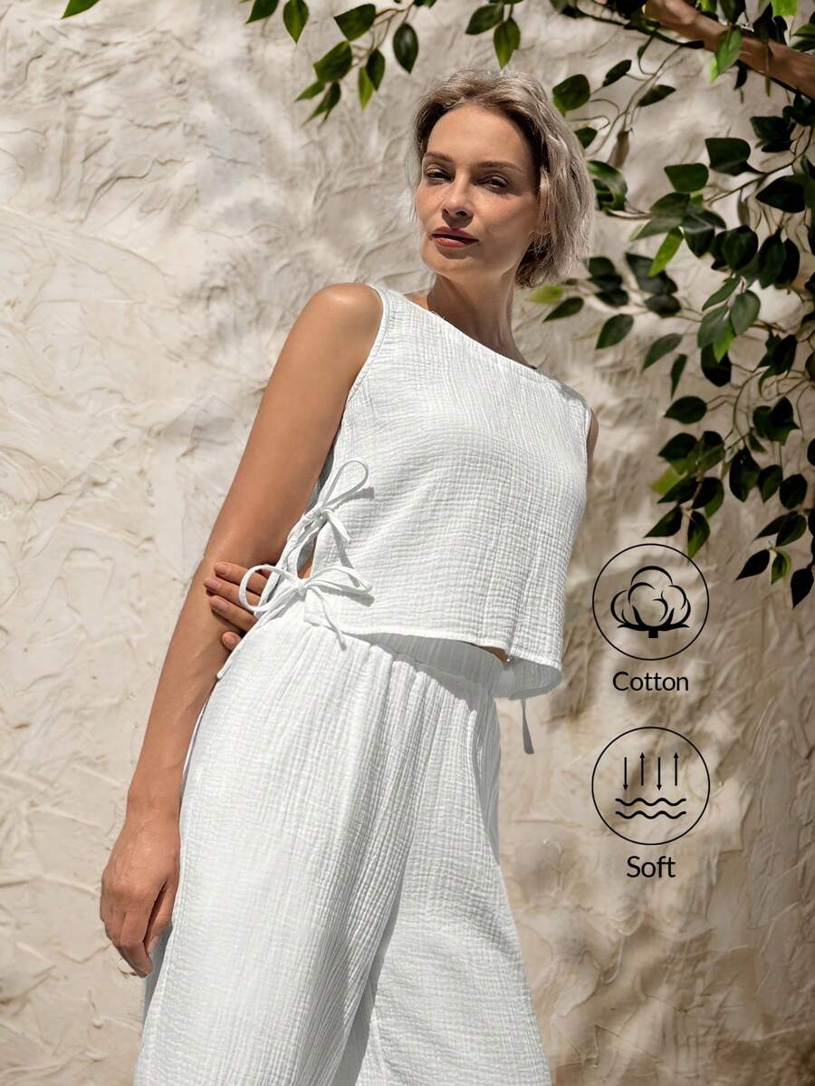 EMERY ROSE 2pcs/Set Women Casual Solid Side-Tied Sleeveless Top And Pants Set - White - View 1