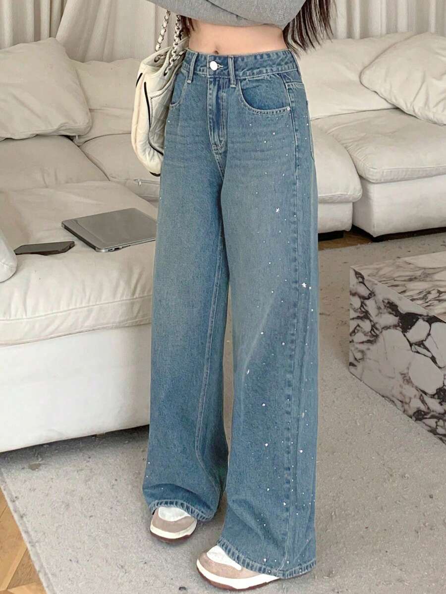 DAZY Women's Casual Loose Pockets Denim Wide-Leg Jeans Sequin