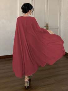 DAZY Đầm midi tay cánh dơi cổ tròn màu trơn cho nữ, đầm suông thanh lịch, đầm thu, đầm dài tay màu đỏ cho nữ - Màu Đỏ Sâu - Xem 2