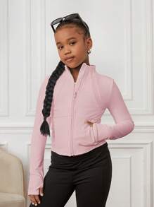SHEIN Tween Girls' 4-Season Sports UV Protection Zip-Up Jacket, Slim Fit Athletic Activewear For Running, Gym, Yoga, Spring/Summer/Autumn/Winter