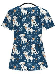 PopScrub Women's Cartoon Dog Graphic Navy Blue Nurse Uniform Top,V Neck Short Sleeve Frosted Scrub Work Wear With 2 Pockets,Soft Stretchy Maid Blouse Shirt - Blue - View 2
