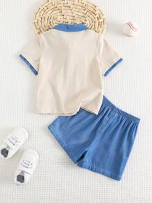 Cozy Pixies 2pcs/Set Baby Boy Contrast Color Polo Collar Short Sleeve Top And Elastic Waist Shorts
