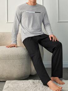 RueChic Men Letter Printed Regular Longsleeve Homewear Set - Grey - View 3