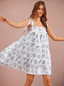 WESTFADE Robe Babydoll Cowgirl Décontractée d'été avec Encolure Carrée, Bretelles nœud Papillon, Dos Smocké, Imprimé Floral Ditsy en Mousseline de Soie Dévorée et Jersey Matelassé sans Manches, Parfait pour le Printemps, Pâques et les Vacances