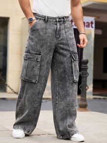 RivetRise Pantalones vaqueros tipo cargo para hombres de pierna ancha, casual y versátil, con ajuste holgado
