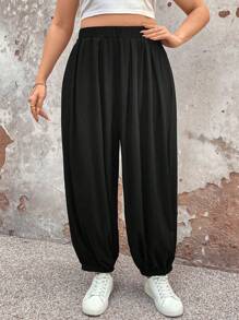 EMERY ROSE Plus Size Damer Casual Enfärgad Ribbade elastiska midja byxor - Svart - Visa 3