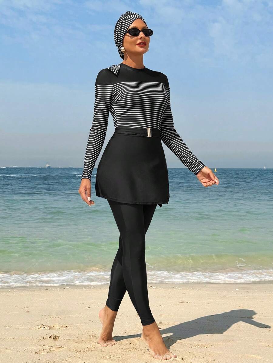 SHEIN Swim Mulvari Women's Striped Long Sleeve Burkini Top And Pants Set, Minimalist & Fashionable For Summer - Black and White - View 1