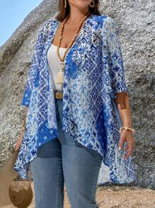 EMERY ROSE 大码女式花卉印花 3/4 袖宽松前开式休闲外套夏季女装热带度假女装秋冬超大码海滩褶边雪纺 - 彩色 - 查看 4