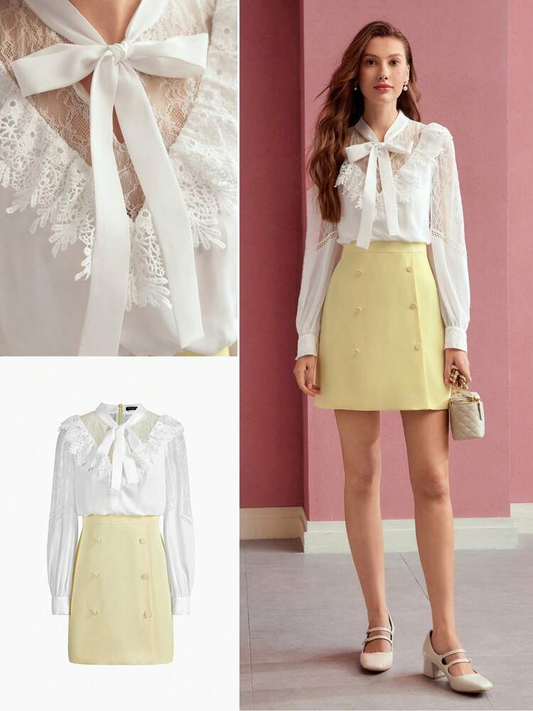 CONTRAST LACE TIE NECK 2 IN 1 DRESS,VALENTINE'S DAY OUTFIT,SPRING/SUMMER