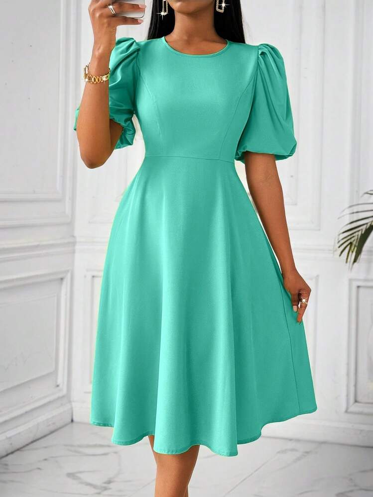 Lunelith SHEIN Lunessa Long Green Women's Dress With Round Neck, Puff  Sleeves And Fitted Waist, Spring & Summer | SHEIN USA