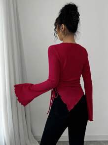 Rafferiza 女式不对称下摆抽绳喇叭袖 T 恤，纹理，秋冬款