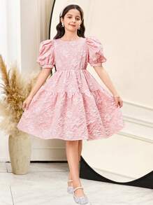Tween Girl Dusty Pink Round Neck Jacquard Floral Puff Sleeve Bow Back Decor Elegant Summer Party A-Line Dress,Occasion Dress For Princess,Graduation - Pink - View 2