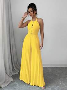 SHEIN Privé Elegante abrikooskleurige halter met strik aan de voorkant, uitgeholde metalen strass-strik, geplooide wijde damesjumpbroek
