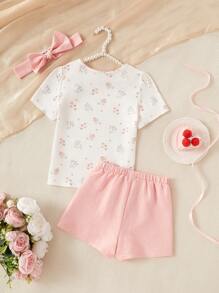 3pcs/Set Girl's Casual Floral Print Short Sleeve Solid Color T-Shirt And Shorts Homewear Set Cute Pajamas, Little Girl's PajamasCute Pajamas, Little Girl's Pajamas, Floral Style" - Multicolor - View 2