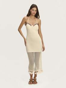 SHEIN Unity 女式中长连衣裙 修身纹理面料 带衬里 流苏装饰 度假 夏季 海滩装 - 杏色 - 查看 5