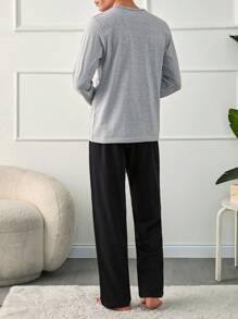 RueChic Men Letter Printed Regular Longsleeve Homewear Set - Grey - View 2