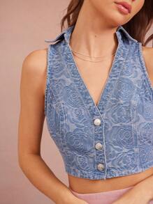 WESTFADE 春季同色系花卉领口纽扣前开襟无袖西部牛仔上衣夏季度假早午餐 - 中等水洗藍 - 查看 2