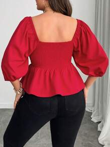 SHEIN Clasi Plus Size Women's Solid Color Square Neck Frill Puff Sleeve Heart Print Casual Spring/Summer Short Sleeve Shirt - Red - View 2