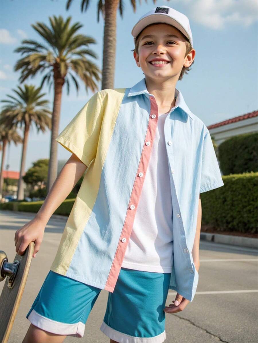SHEIN 男童休闲时尚简约多色拼布衬衫，适合春夏日常和户外穿着 - 彩色 - 查看 1