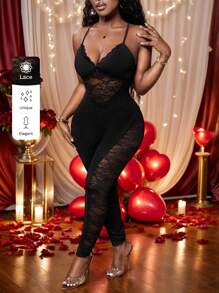 Slaydiva 全新性感日常约会吊带后背交叉蕾丝拼接针织面料黑色修身透视长裤女式紧身连体裤-F - 黑色 - 查看 1