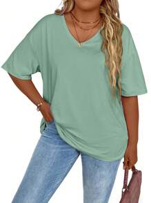 SHEIN LUNE Plus Size Plain Short Sleeve T-Shirt, Minimalist & Fashionable, Suitable For Summer - Lime Green - View 1