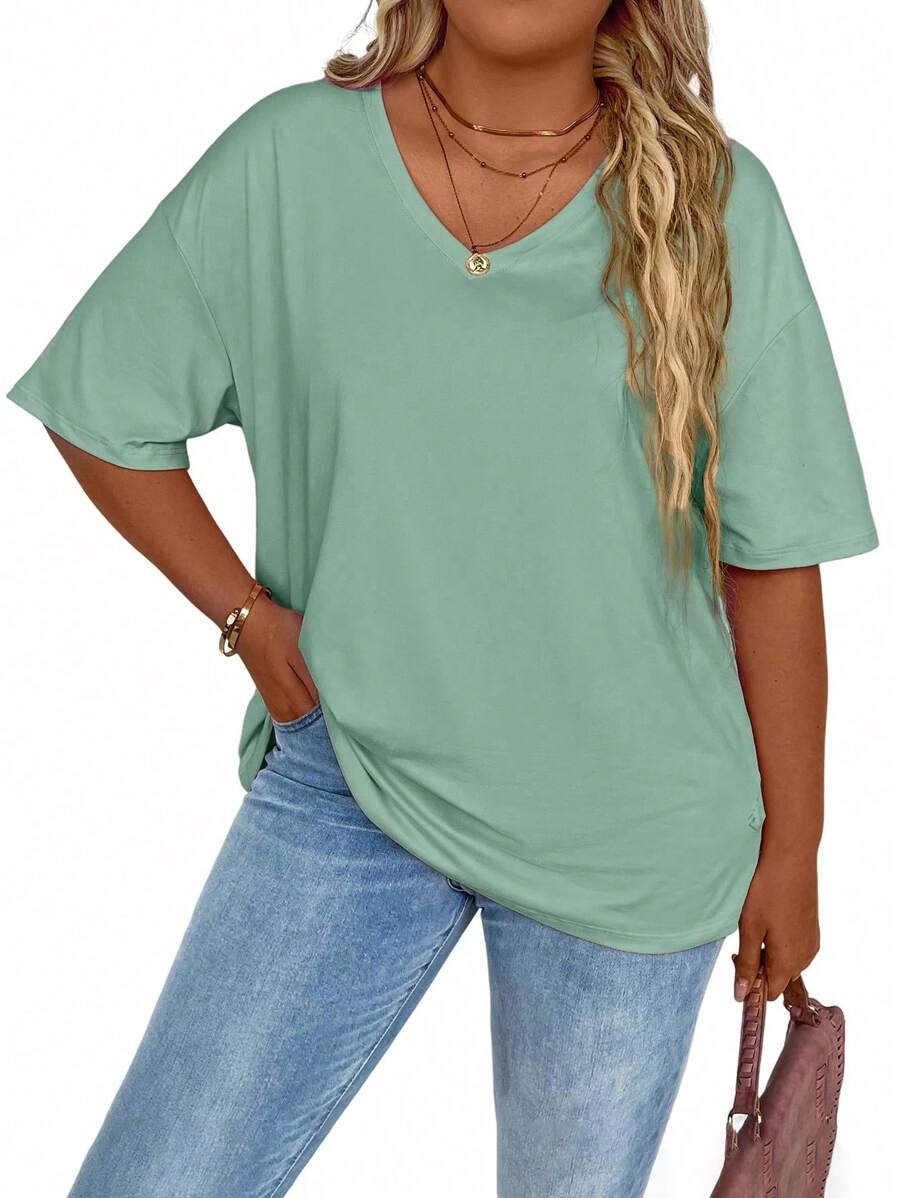 SHEIN LUNE Plus Size Plain Short Sleeve T-Shirt, Minimalist & Fashionable, Suitable For Summer - Lime Green - View 1