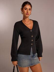 Forever 21 Fall&Winter V-Neck/Color/Fitted/Funny /New Years Eve/Party Women/Long Sleeve/New Years/Women Cardigan Sweater/Christmas Sweater/Women/ Y2k/Street Wear Women/Knitted Women Sweater - Black - View 6