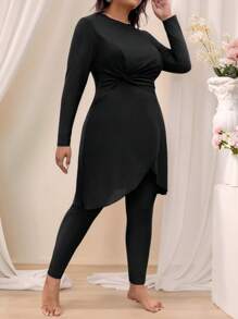 Swim Mulvari Plus Size Women 2 Pieces Set, Modest Solid Long Sleeve Top & Pants, Burkini Swimsuit, Summer Beach Vacation Clothing Burkinis - Black - View 3