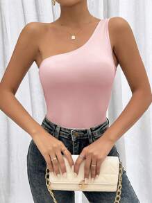 SHEIN Privé Women's Solid Color Off-Shoulder Strapless Bodysuit - Pink - View 1